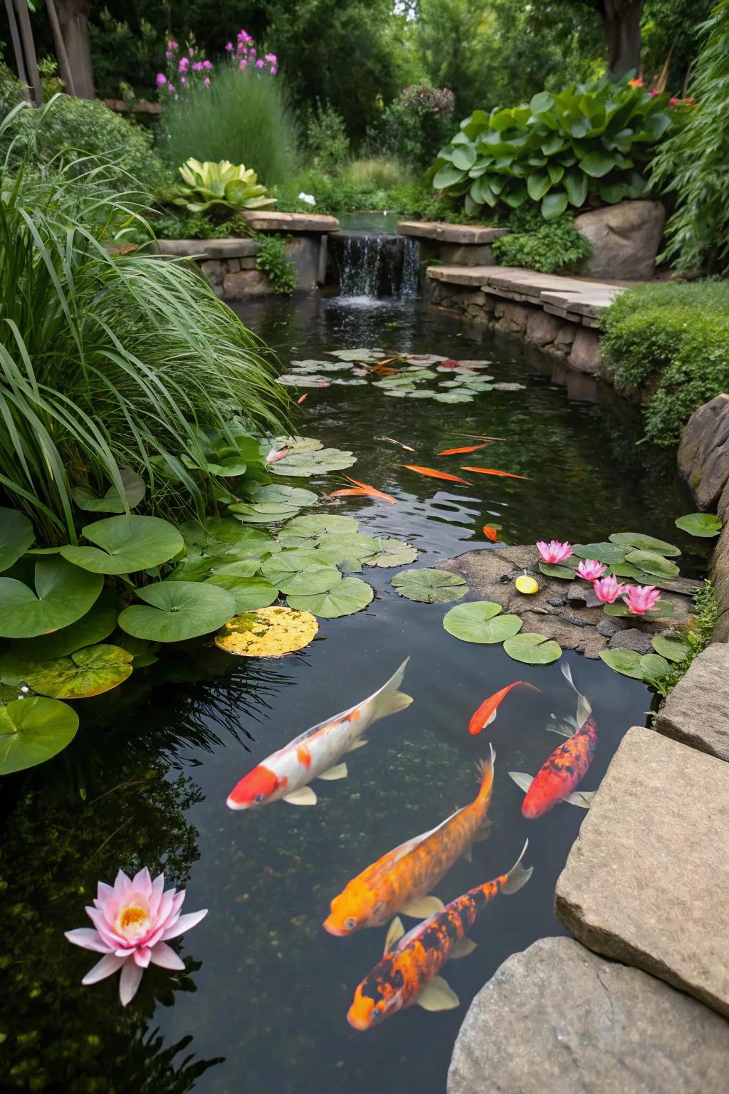 A serene koi pond introduces vibrant life and tranquility to your garden.