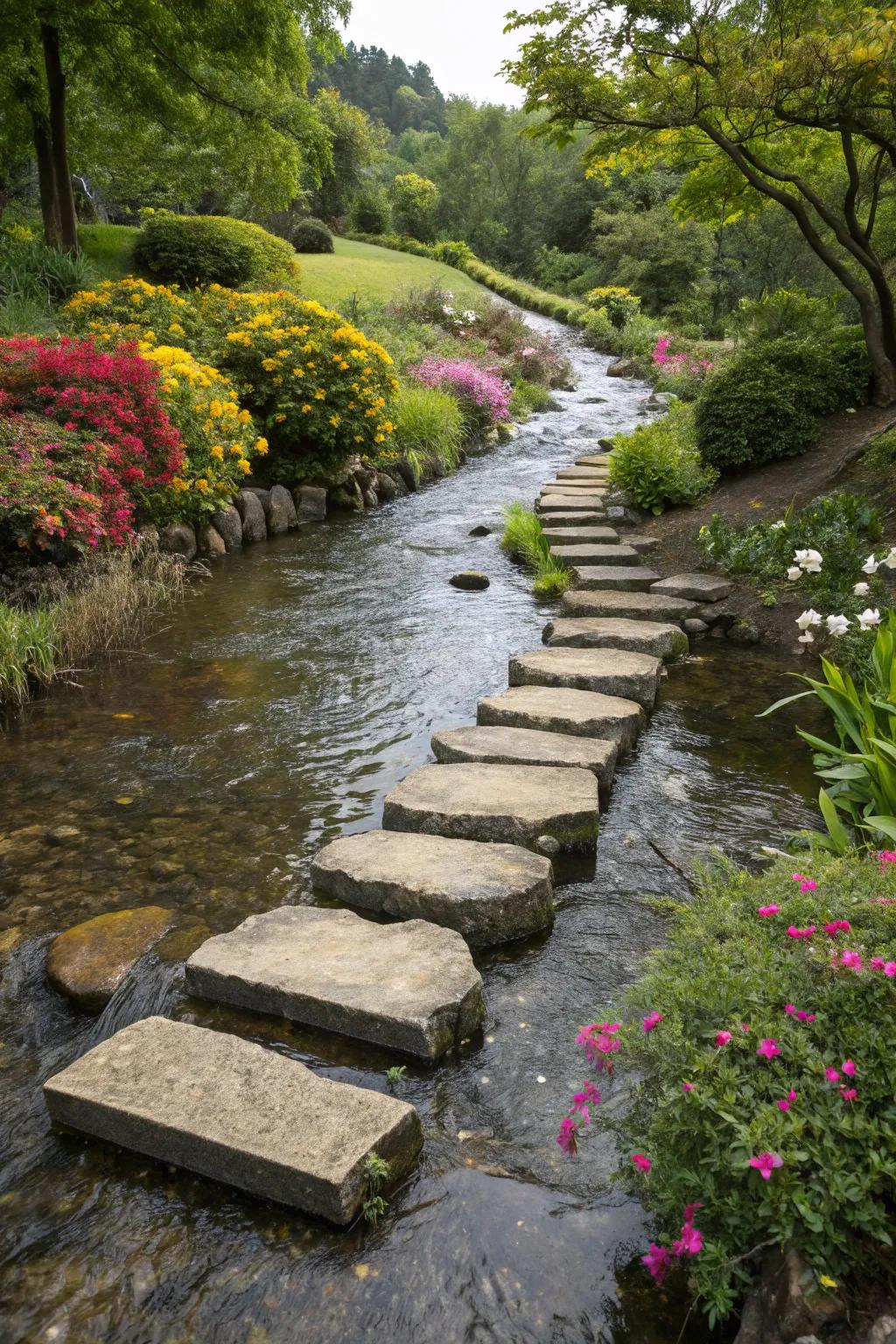 A water walkway adds whimsy and adventure to your garden trails.