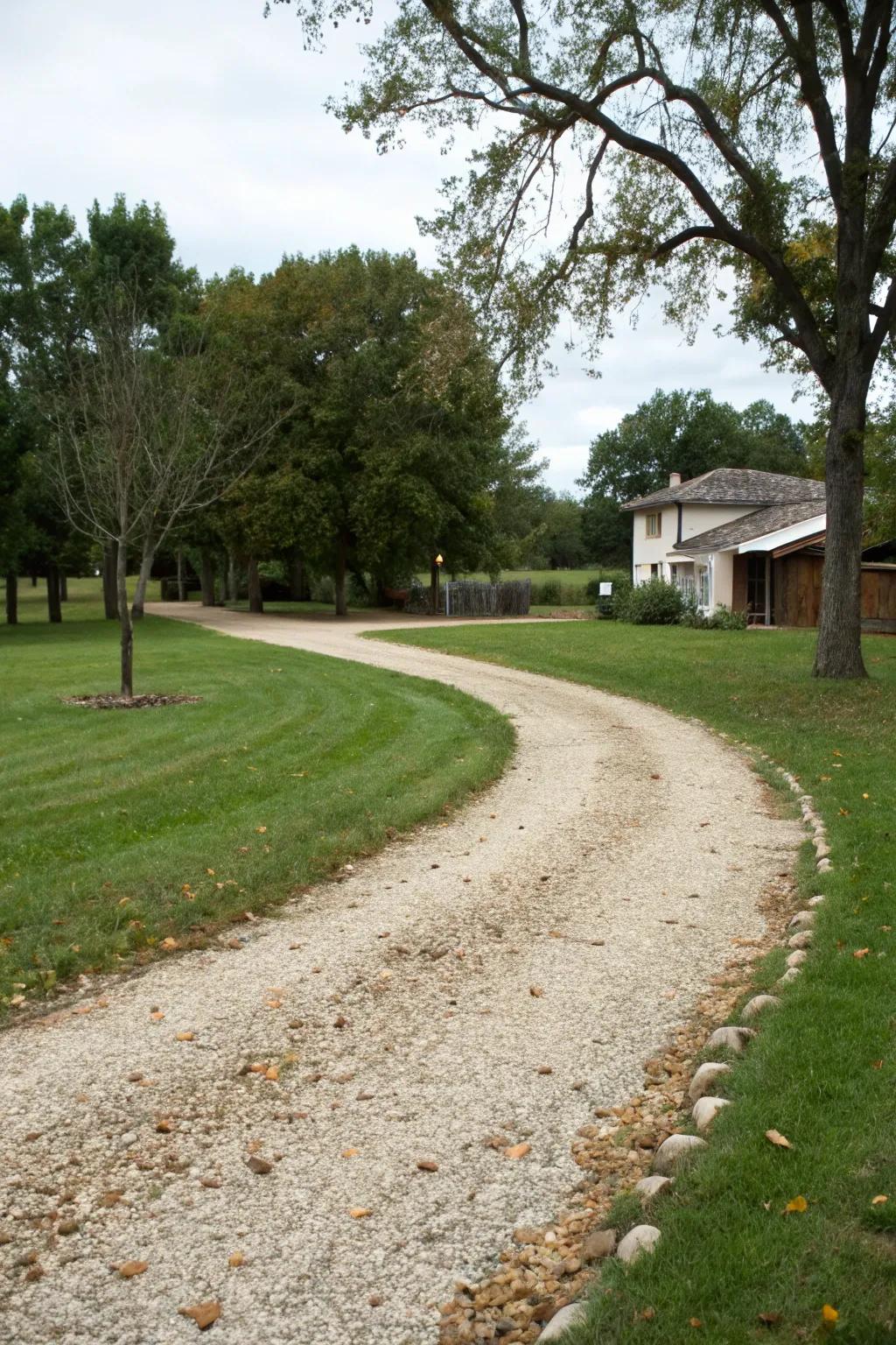 Achieve a rustic charm with gravel or stone driveways.