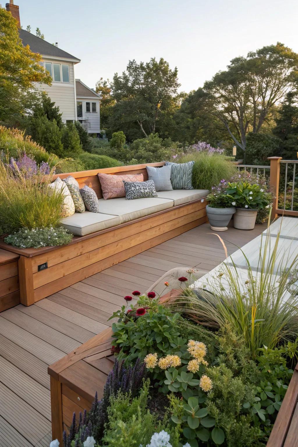 Built-in seating maximizes space and functionality on the deck.