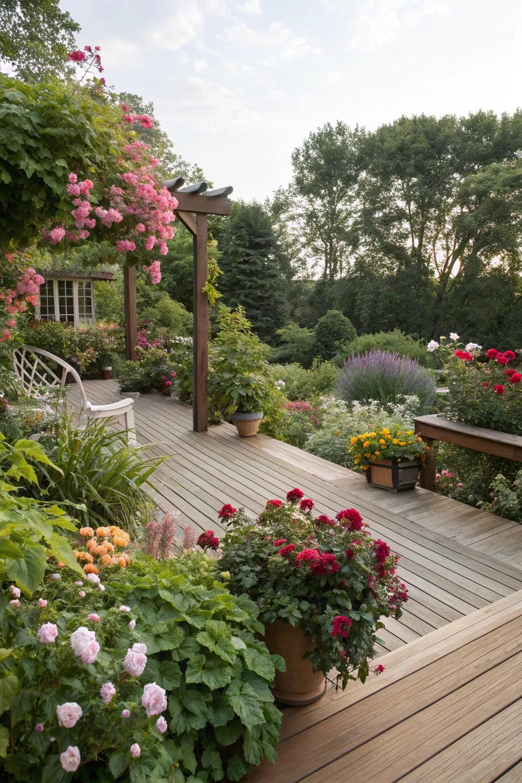 Decking surrounded by lush greenery for a serene outdoor retreat.