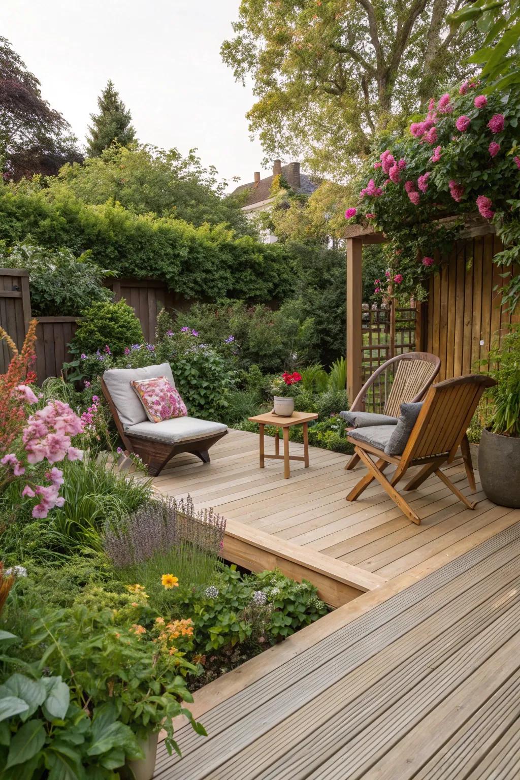 A deck made from natural materials blends seamlessly with its surroundings.