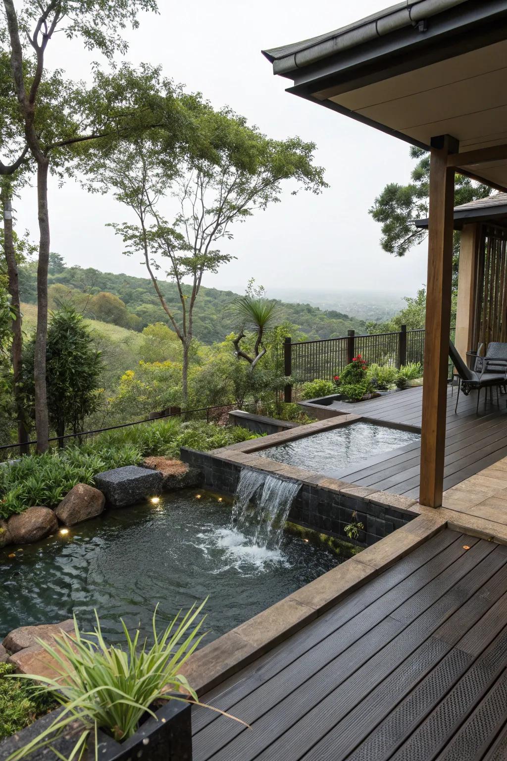 A water feature adds a calming element to the deck.