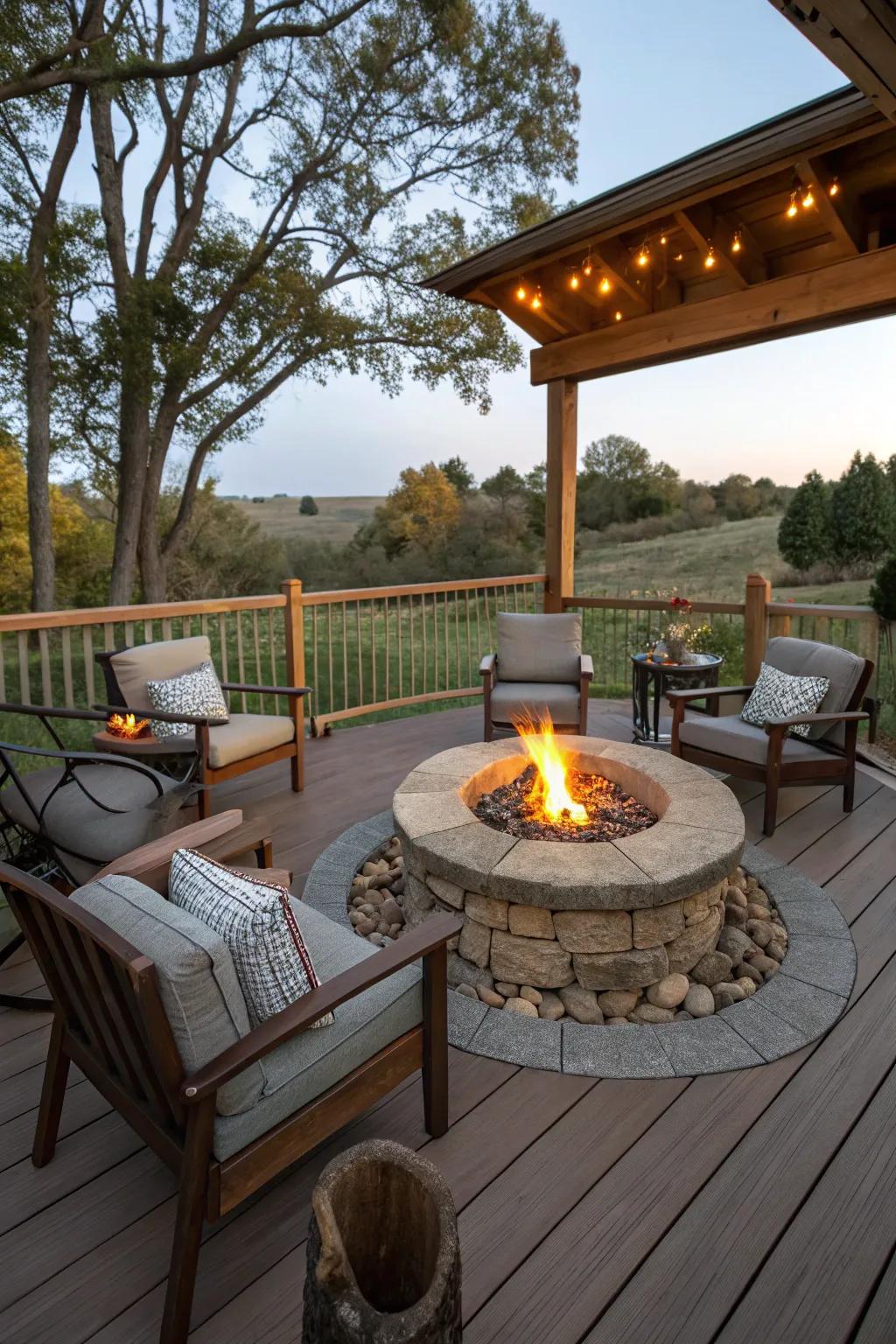 A fire pit adds warmth and ambiance to the deck.