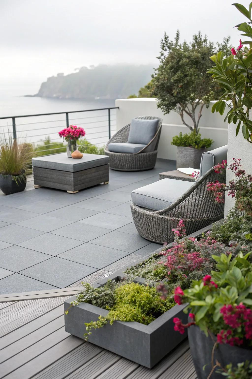Gray tones create a modern and minimalist deck aesthetic.