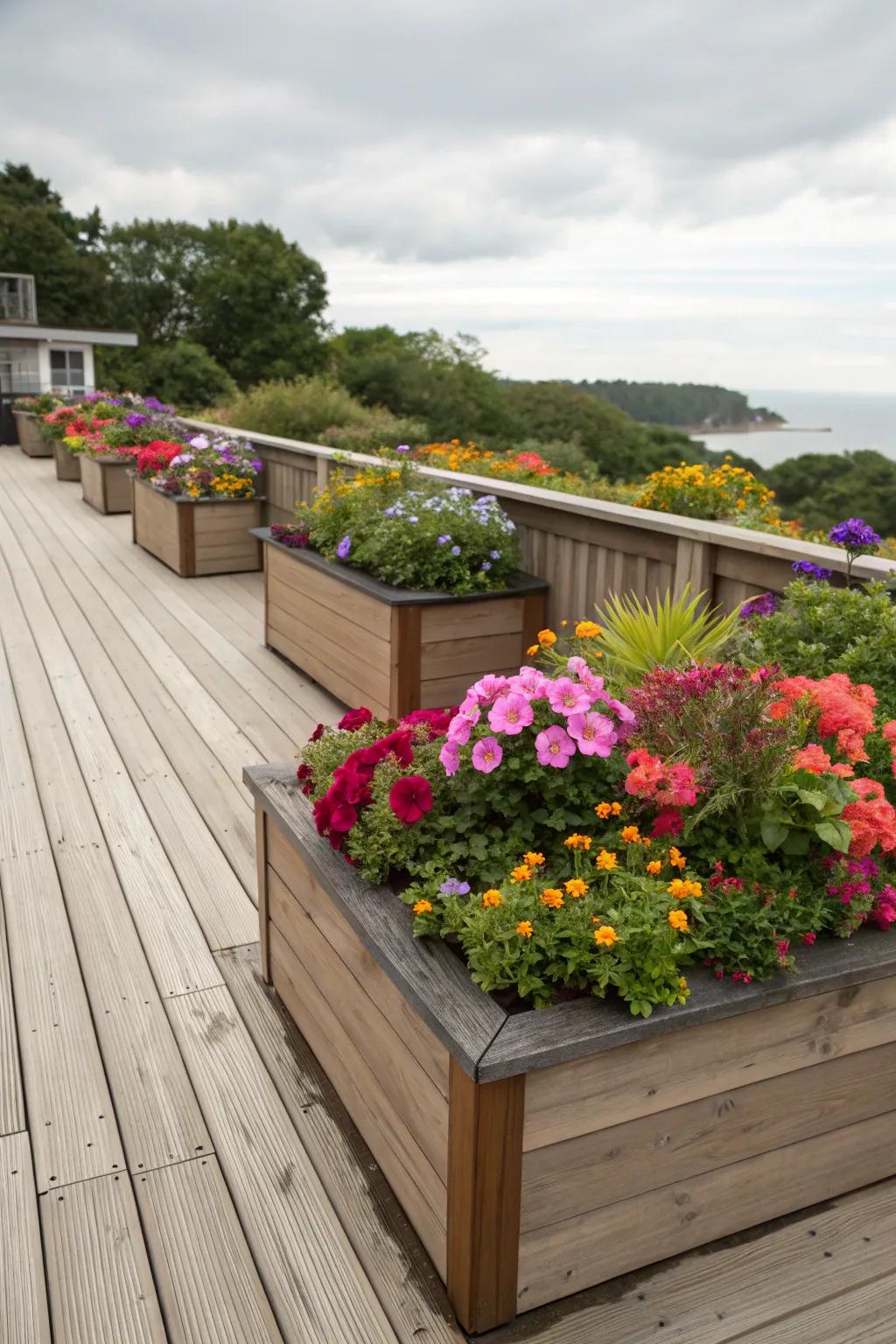 Raised planters add color and life to the decking area.