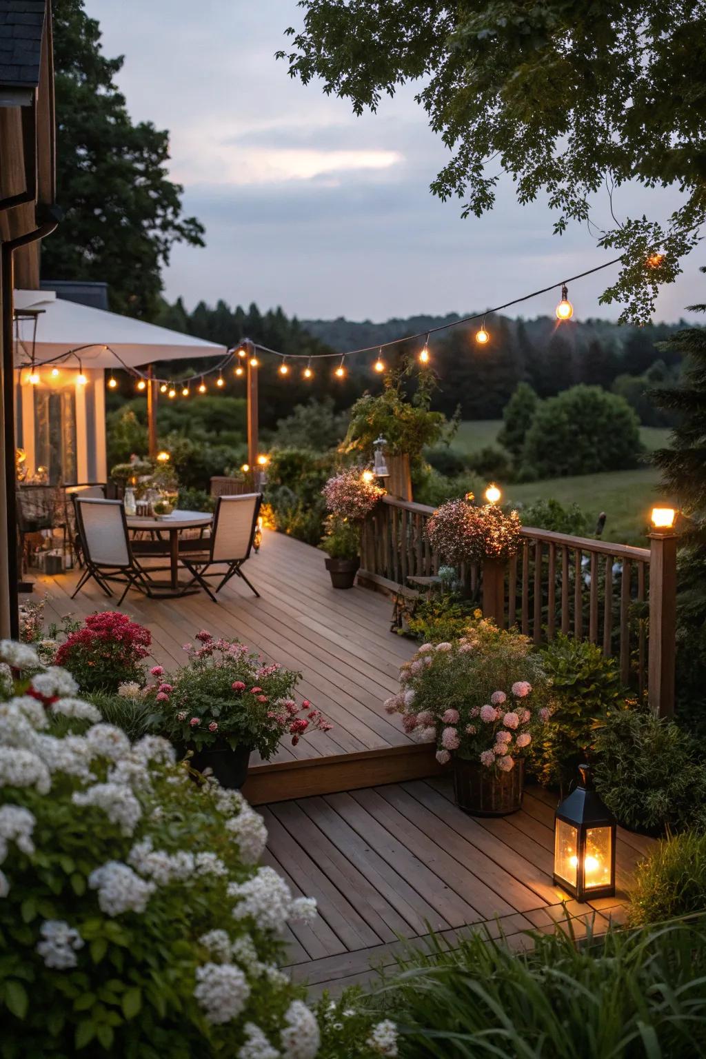 Soft lighting transforms the deck into a magical evening retreat.