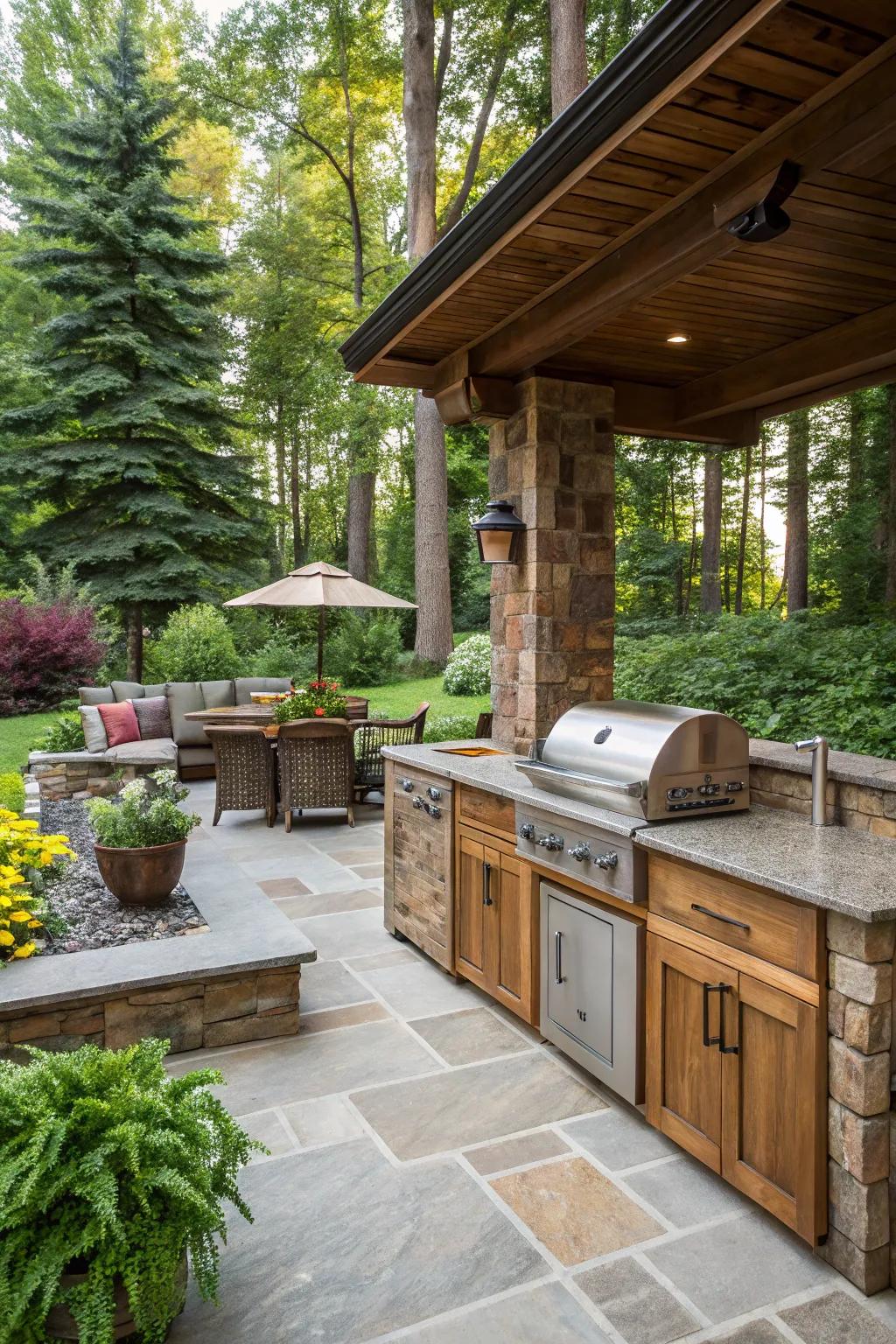 Outdoor kitchen featuring rustic natural stone veneer.
