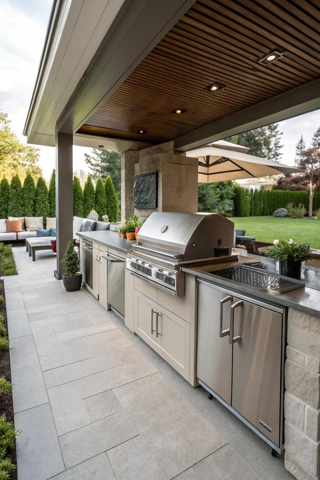Modern outdoor kitchen with stainless steel and sleek veneer.