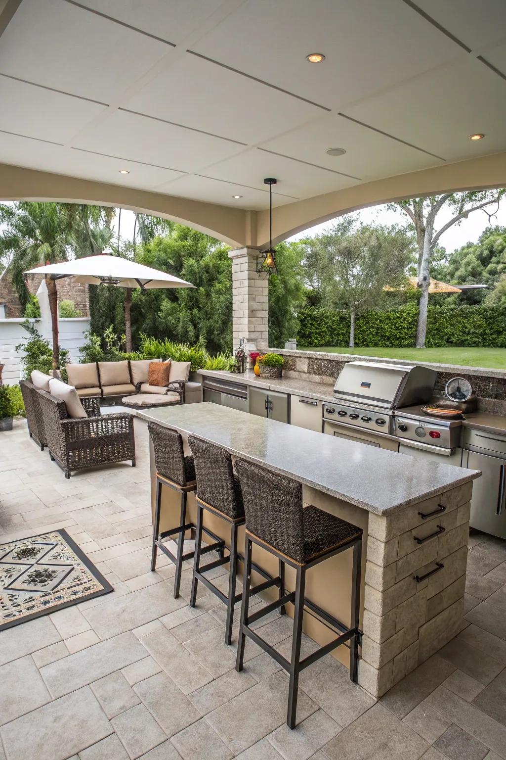 Spacious outdoor kitchen with a U-shaped layout.