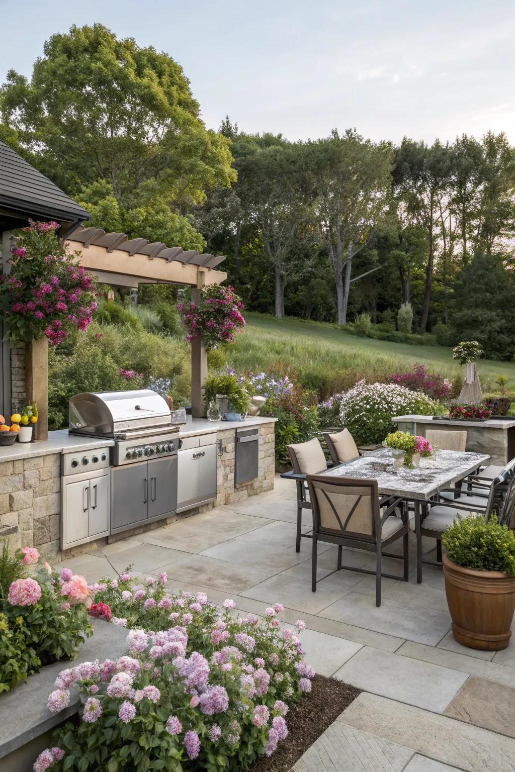 Outdoor kitchen enhanced by beautiful landscaping.