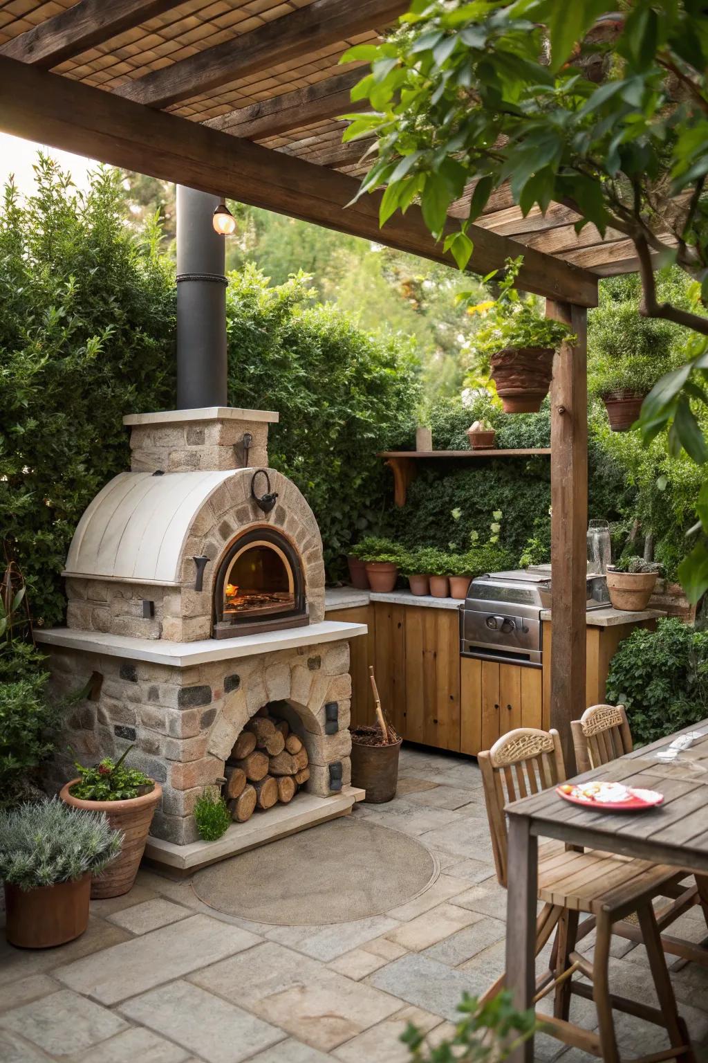 Outdoor kitchen with a compact wood-burning oven as a focal point.