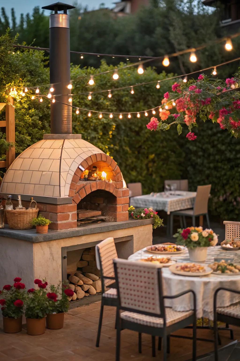 Charming outdoor kitchen with a brick pizza oven.