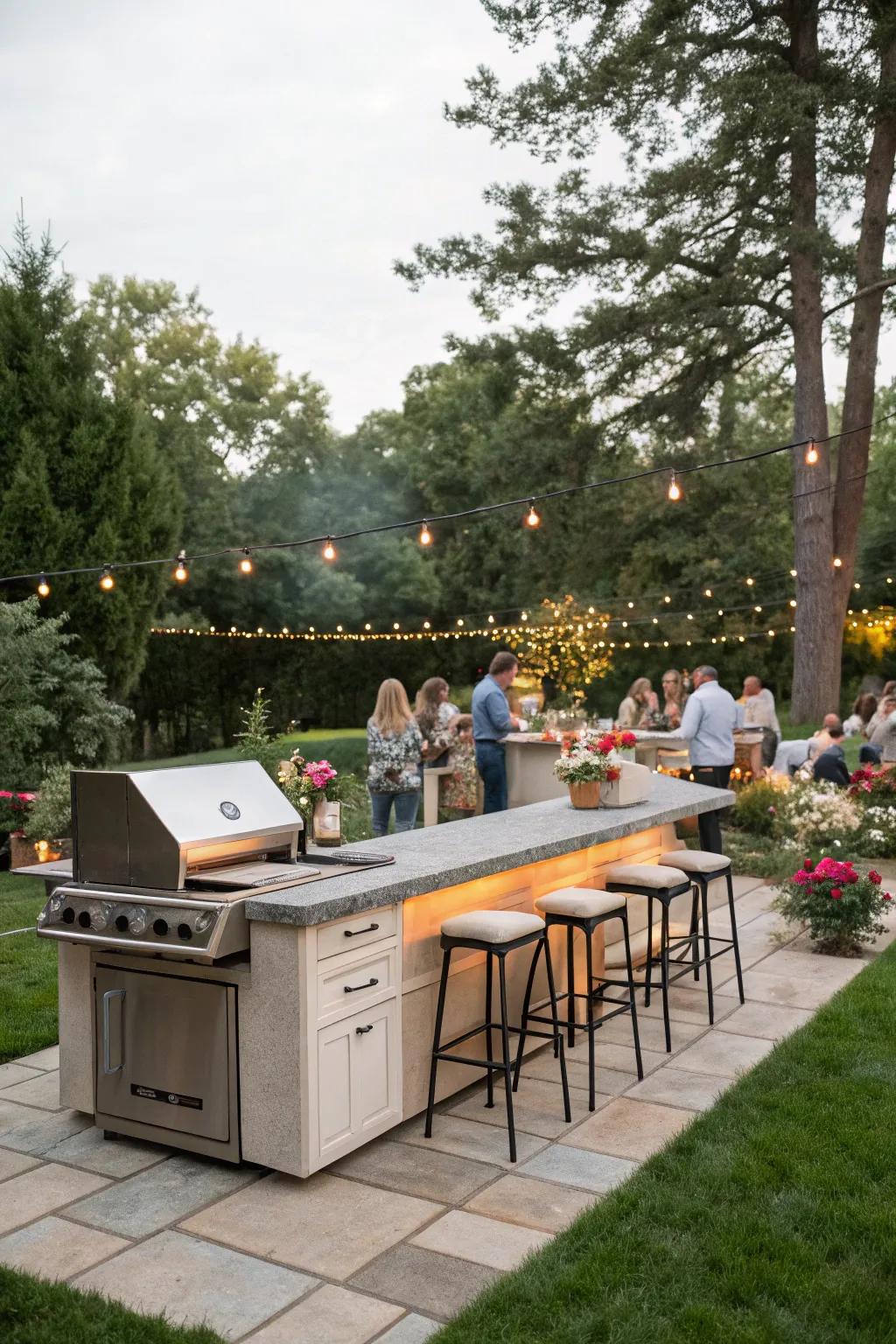Outdoor kitchen with bar seating perfect for socializing.