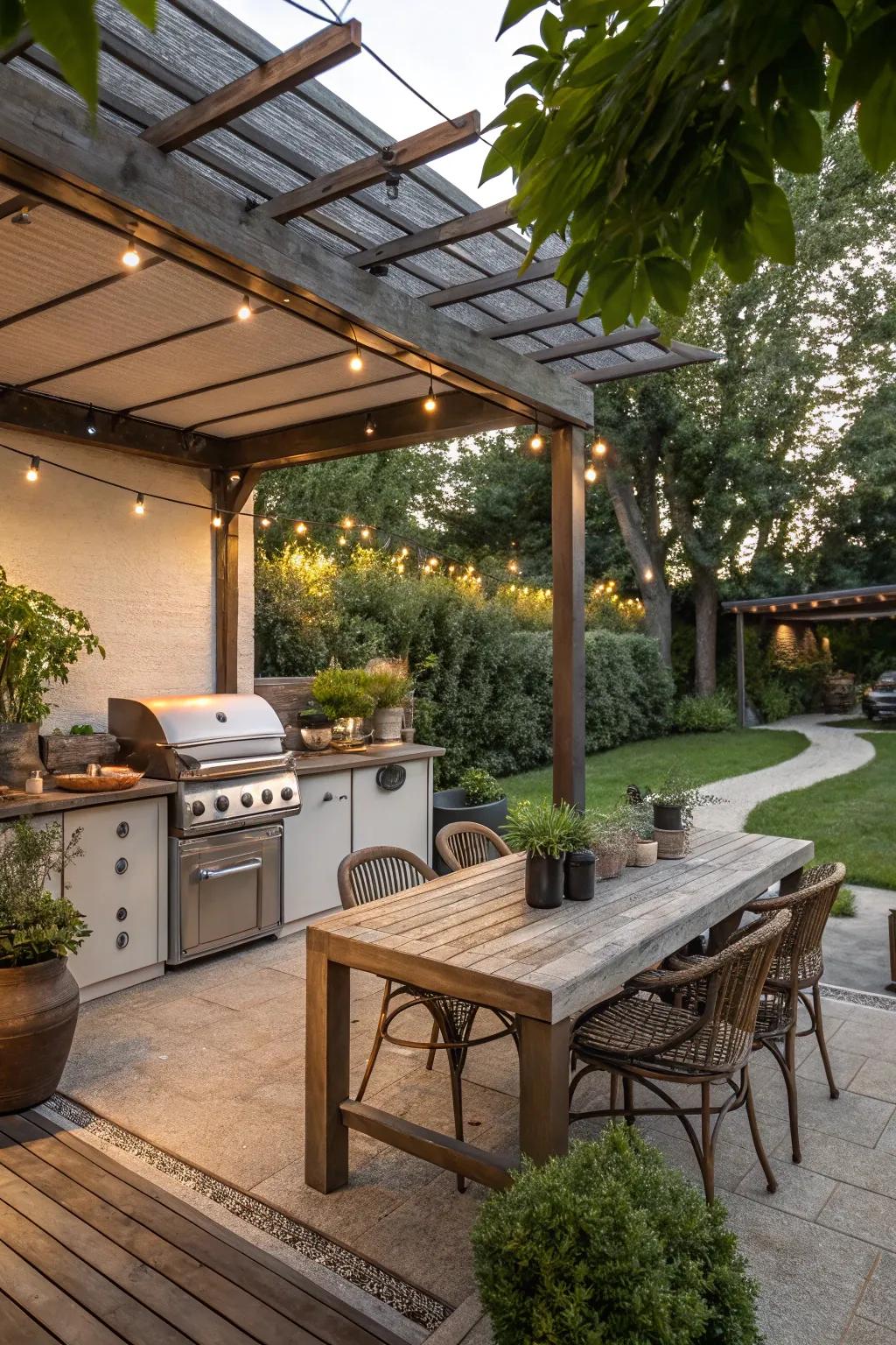 Covered outdoor kitchen with pergola for weather protection.