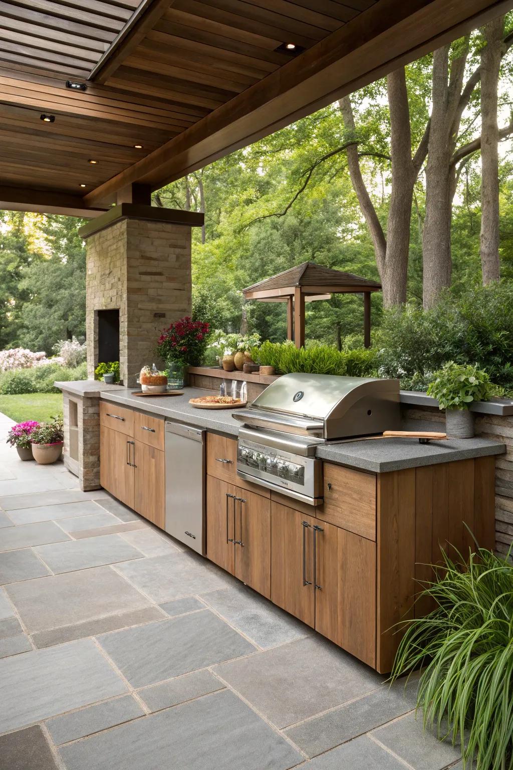 Harmonious outdoor kitchen with earth tones.