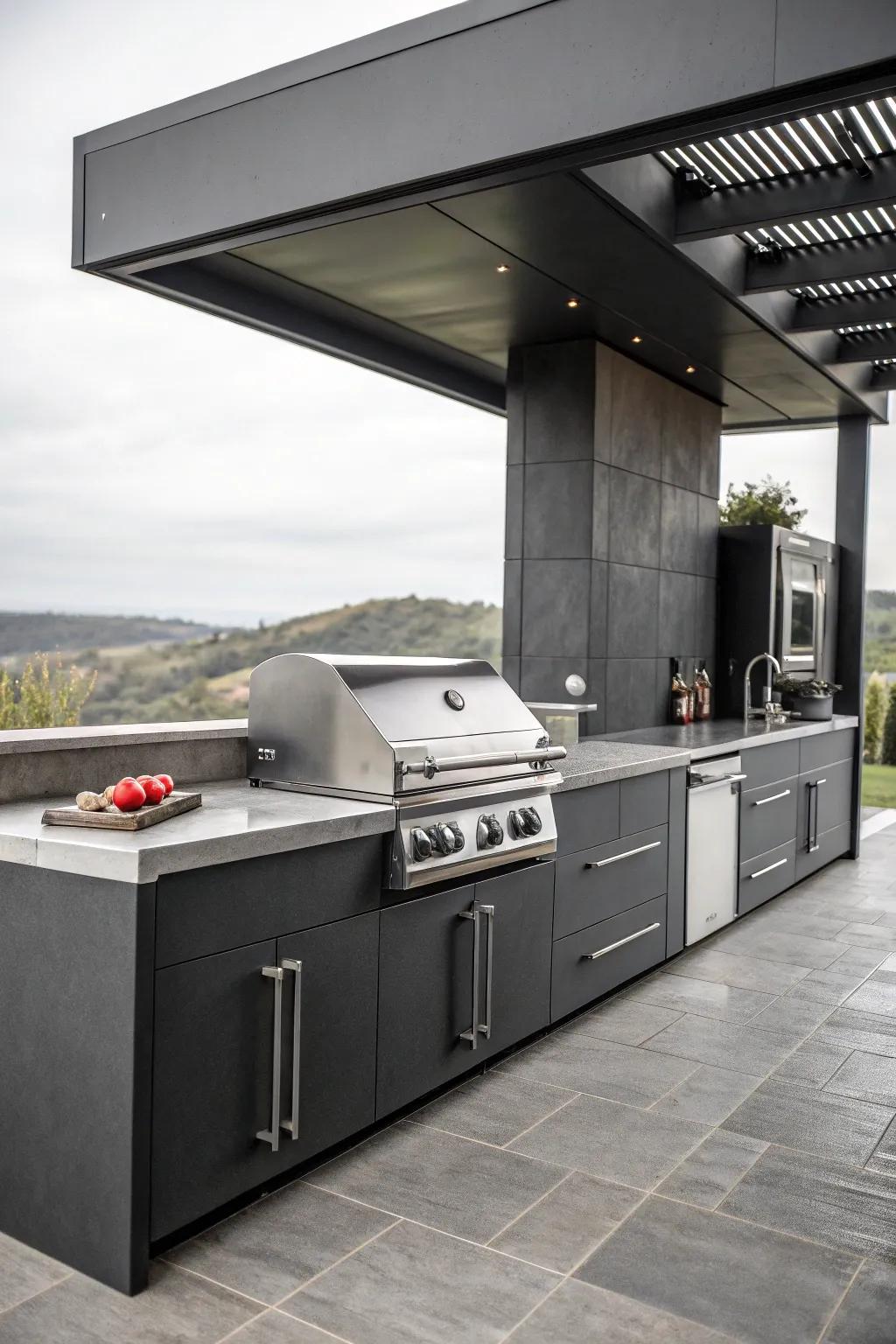 Sleek monochromatic outdoor kitchen design.
