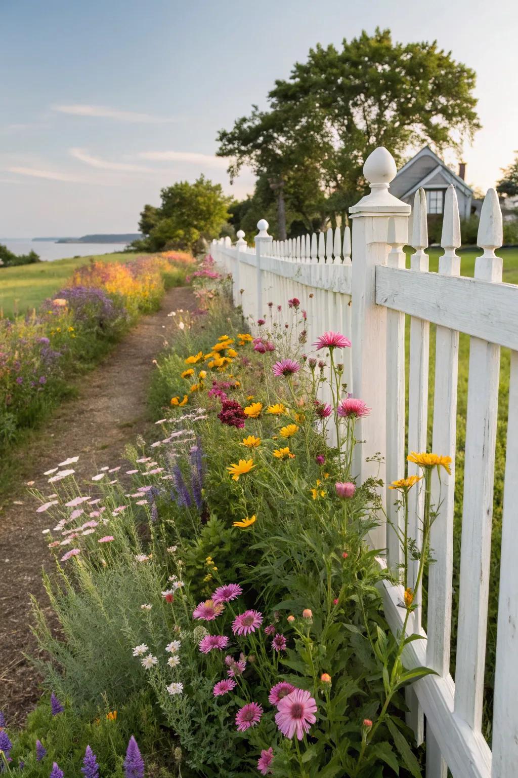 A white picket fence adorned with vibrant wildflowers.