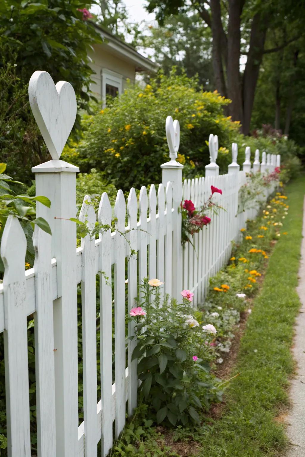 A white picket fence with whimsical heart-shaped pickets.