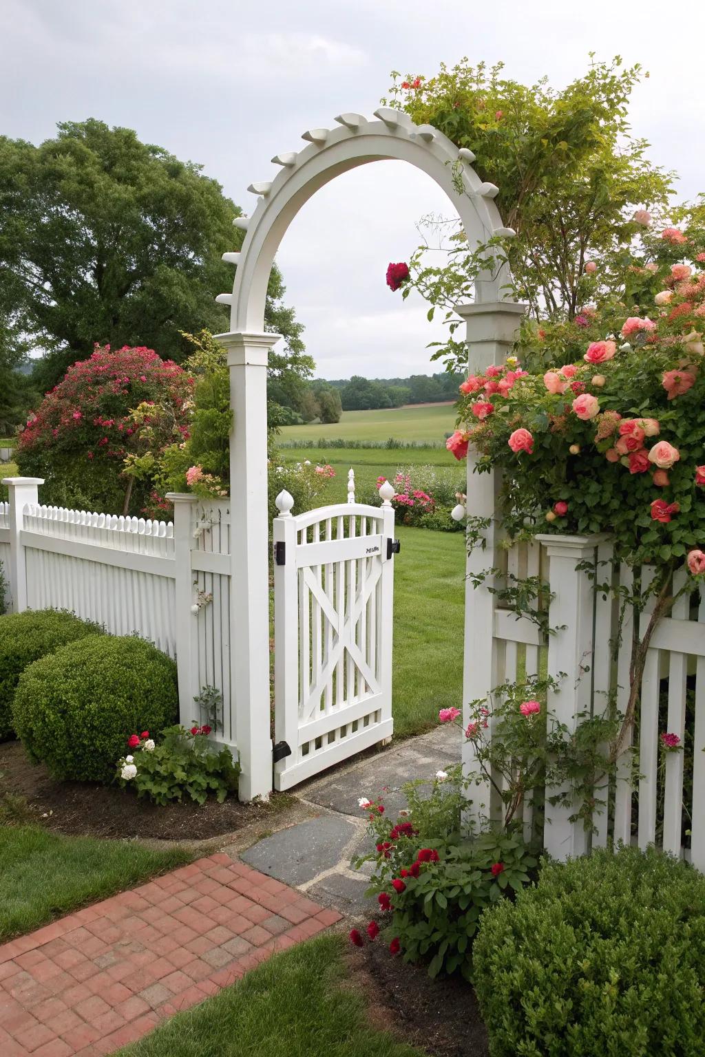 An elegant arched gate in a white picket fence.