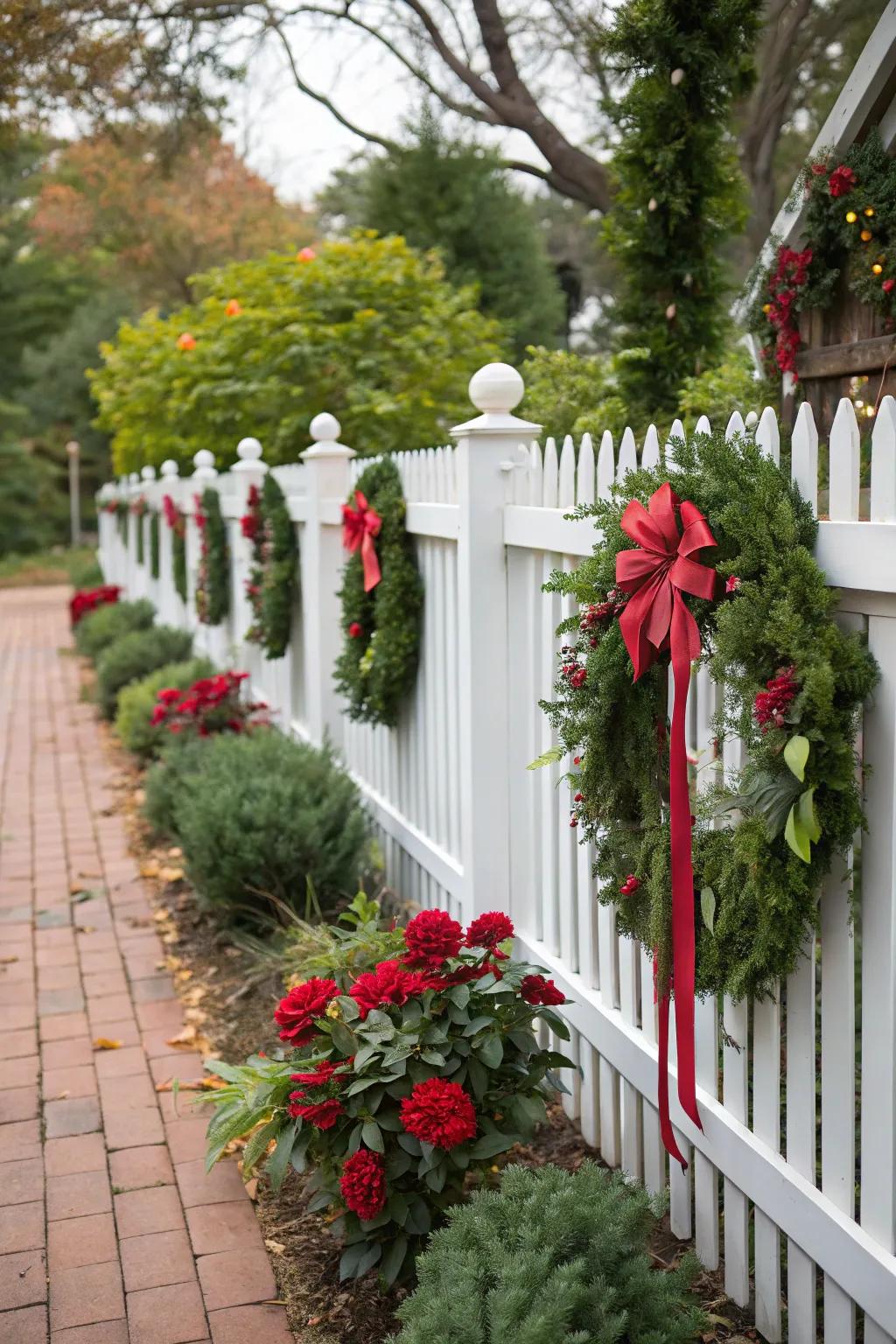 A white picket fence adorned with festive seasonal decorations.