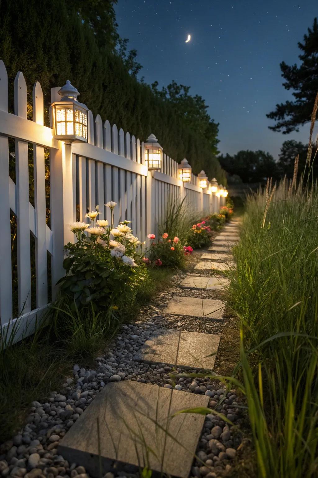A white picket fence with solar lights for nighttime enchantment.