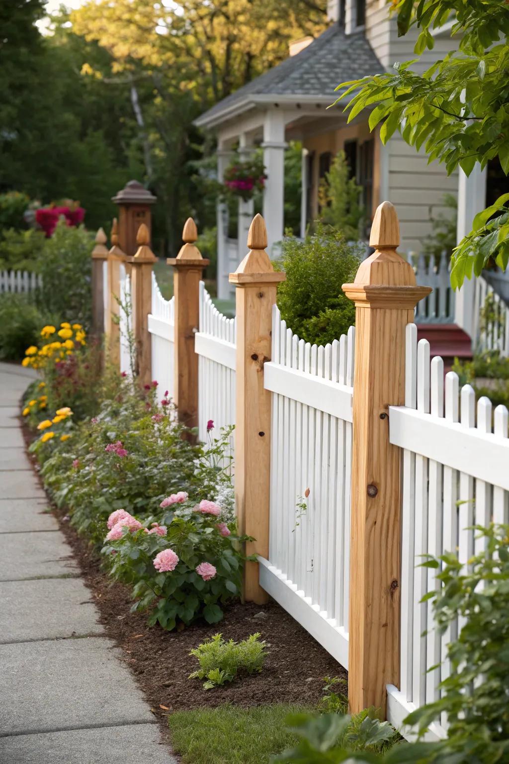 A white picket fence with natural wood accents for a balanced look.