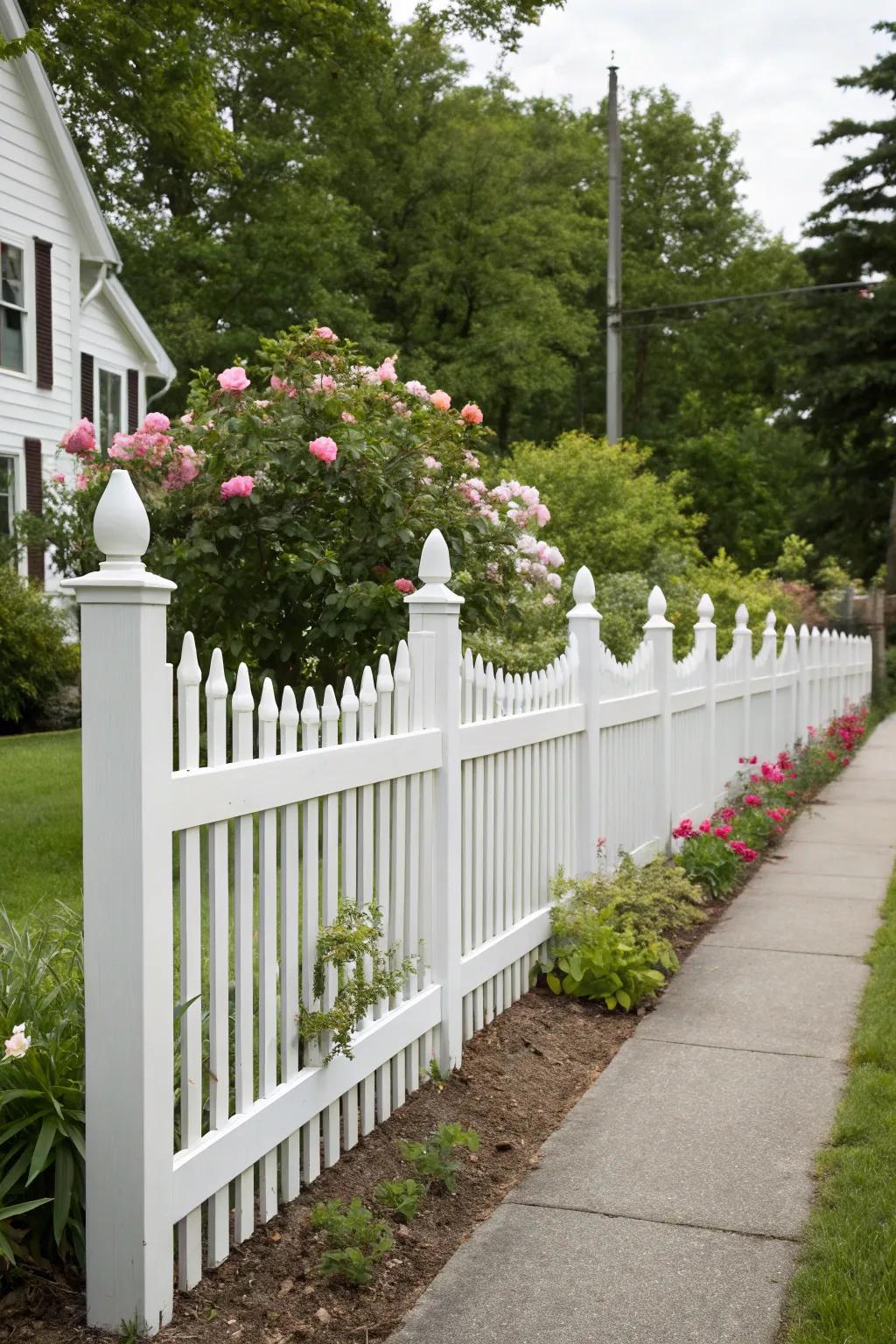A white picket fence with varying heights for a modern look.