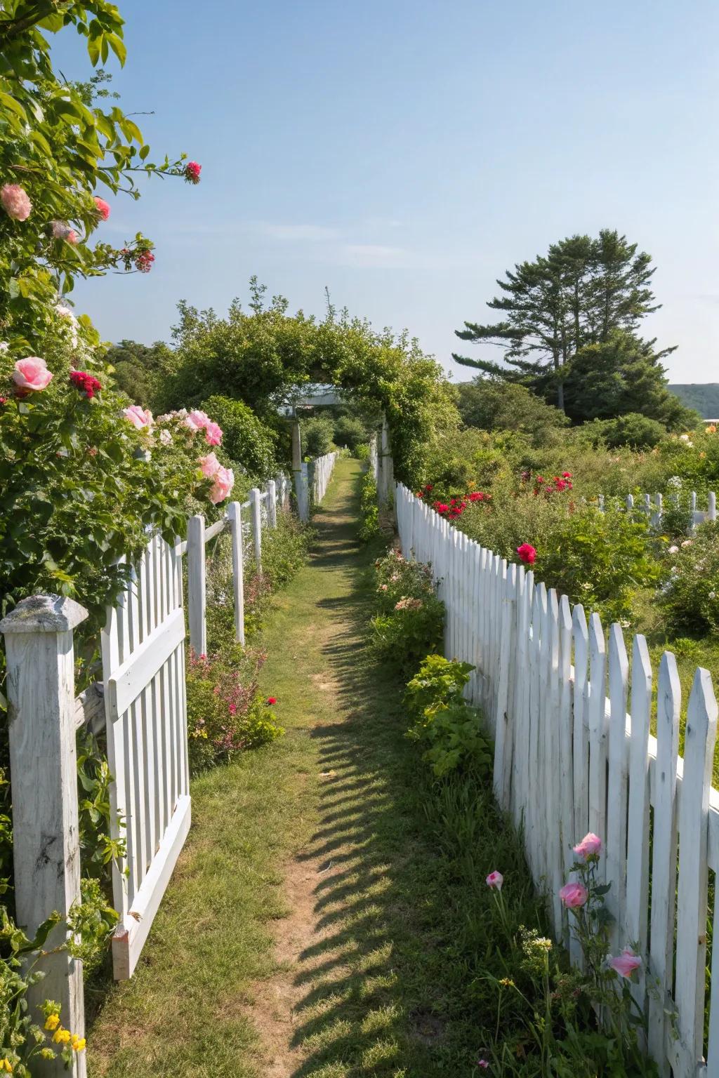 A garden pathway lined with a welcoming white picket fence.