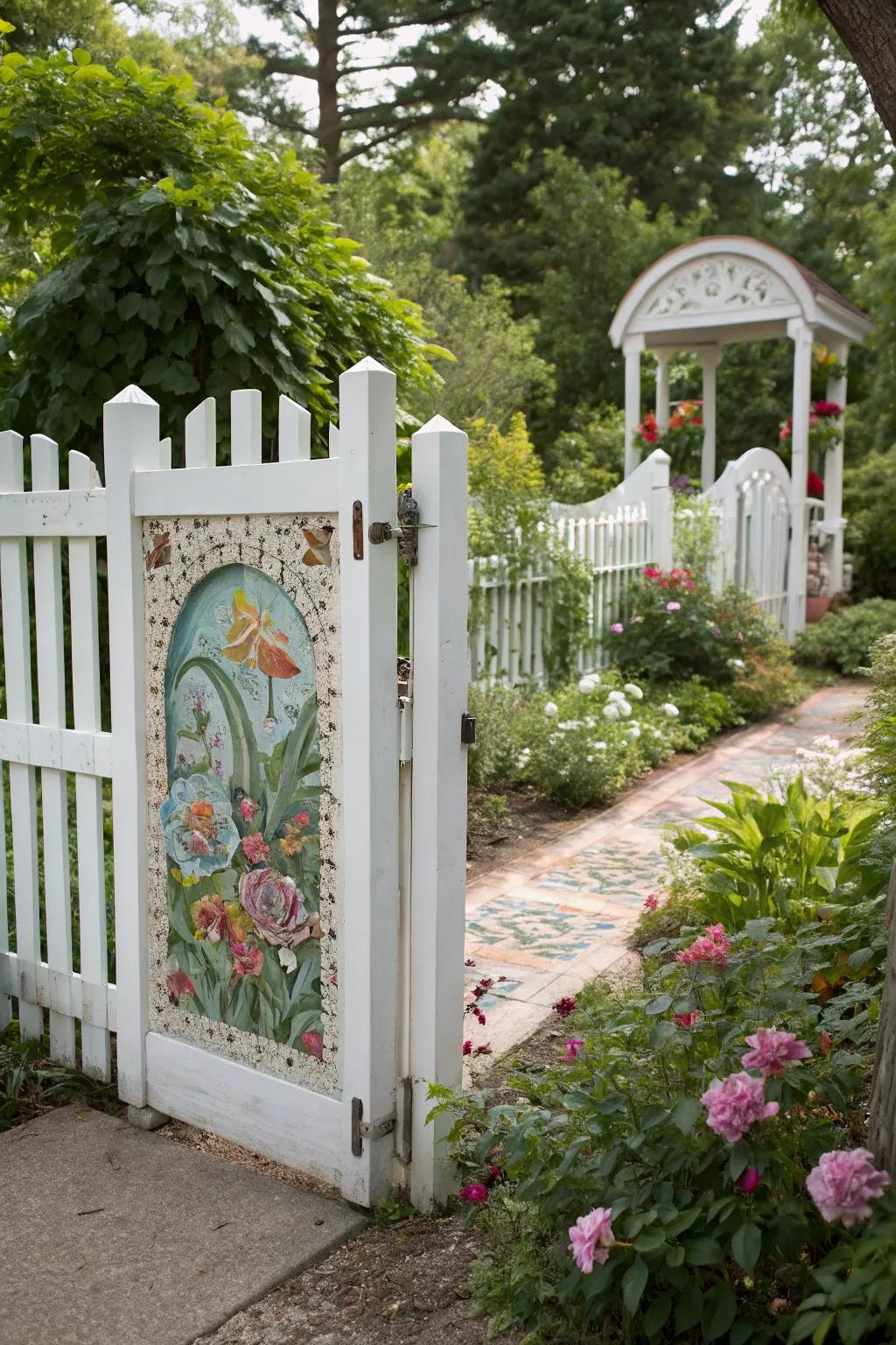 A white picket fence with artistic mosaic tile accents.
