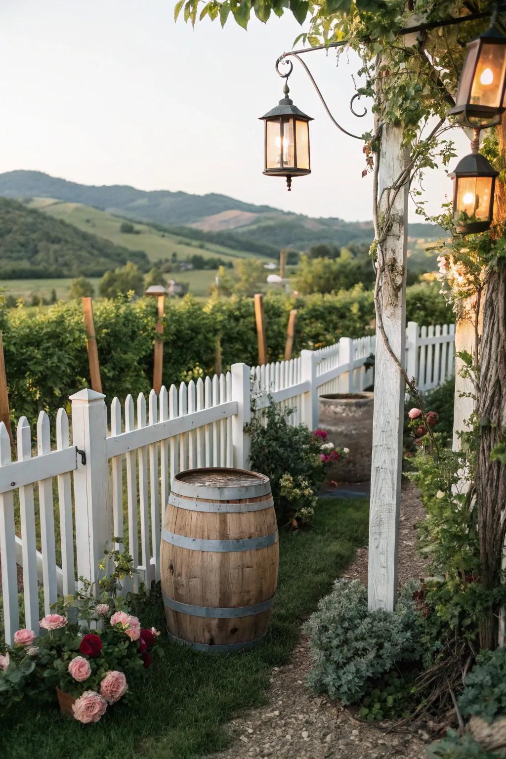 A white picket fence with rustic charm and country appeal.