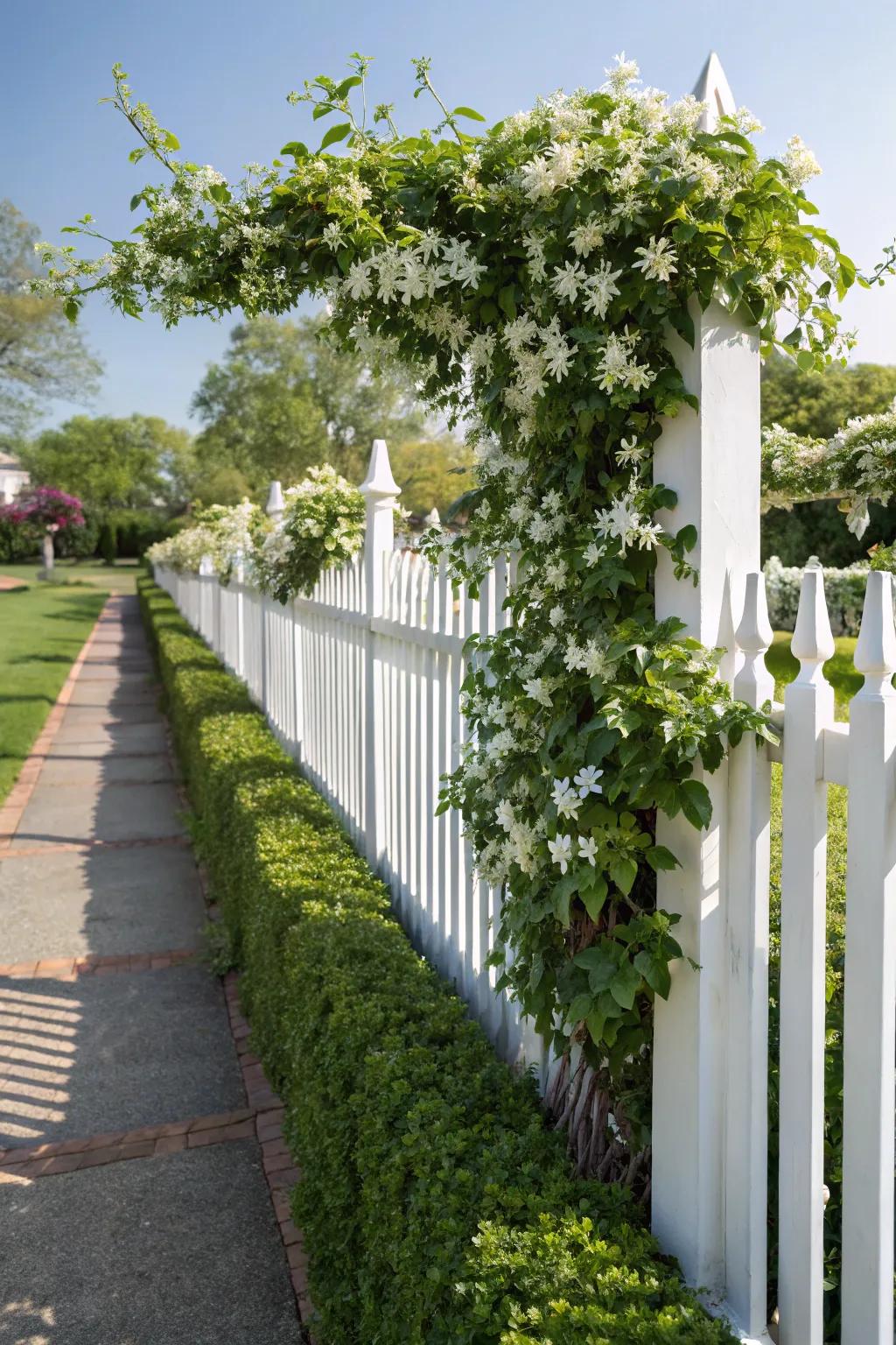 A white picket fence with a trellis topper for climbing plants.