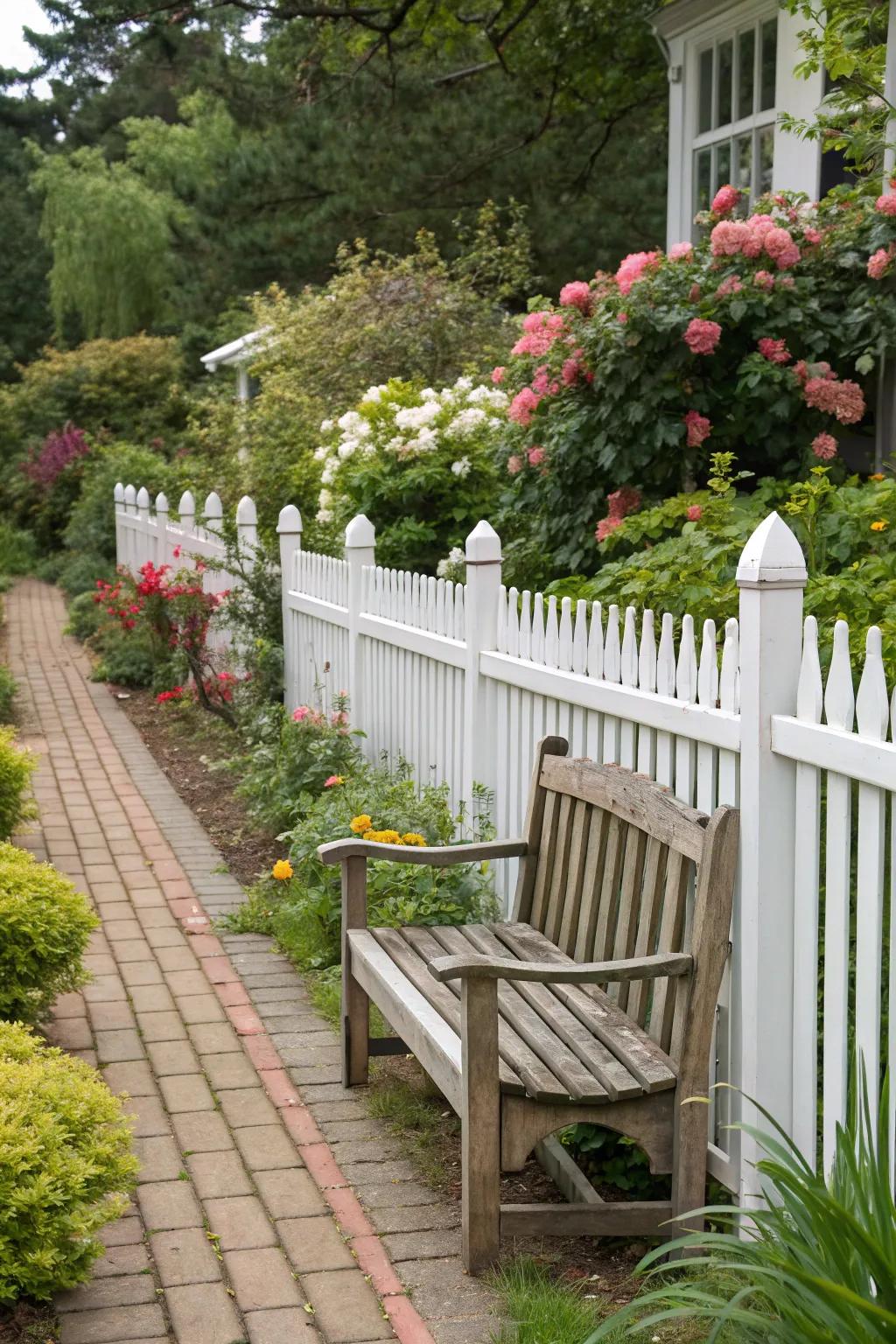 A cozy garden nook with a bench against a white picket fence.