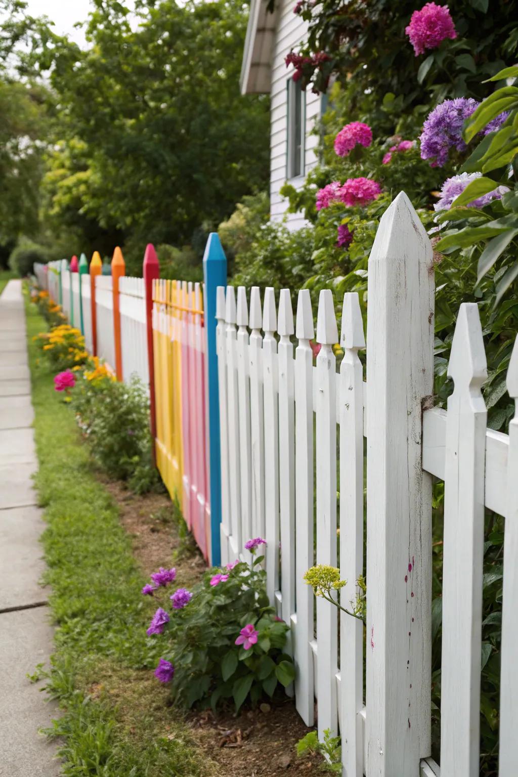 A white picket fence with colorful painted tips for a playful vibe.