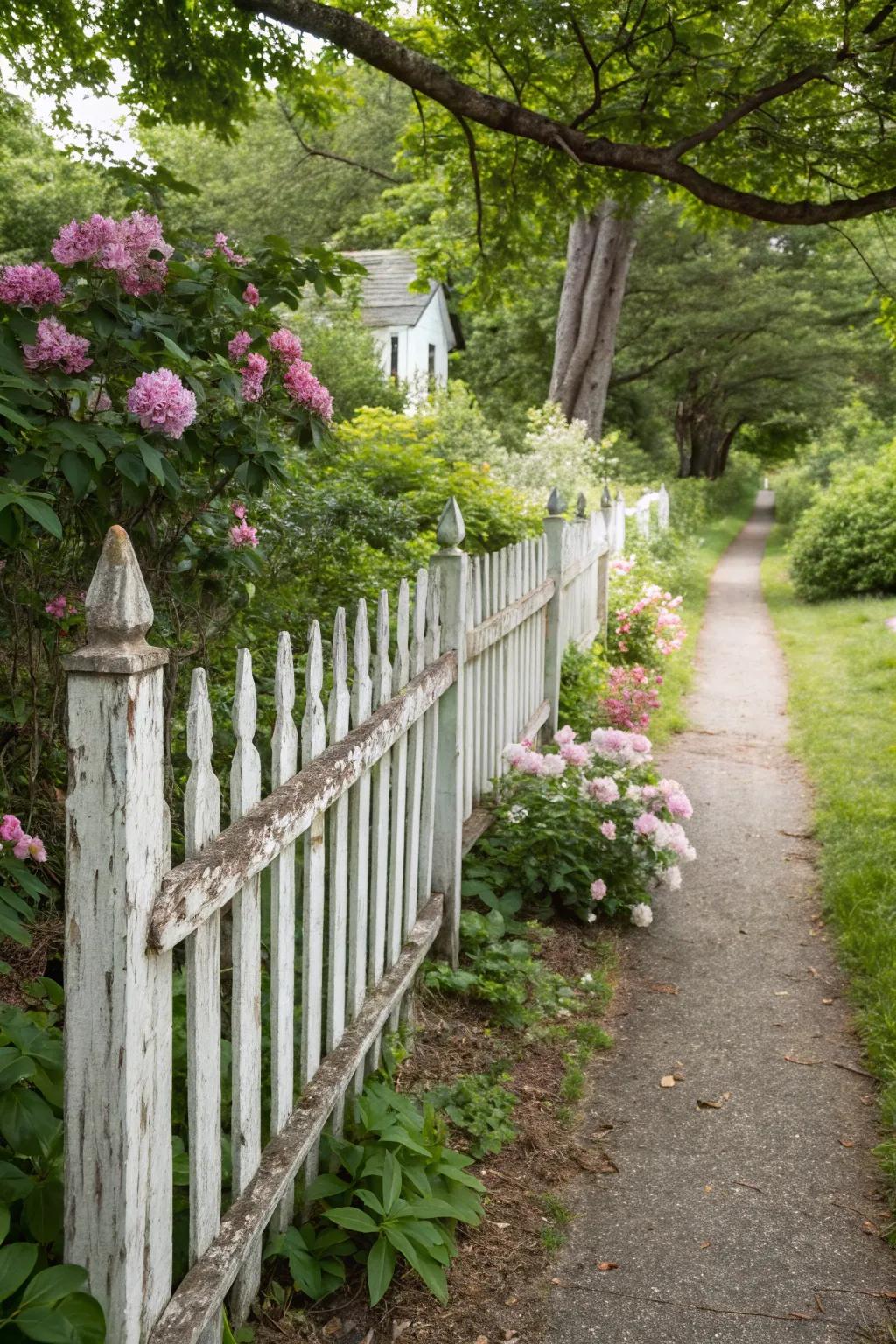 A sustainable white picket fence made from reclaimed wood.