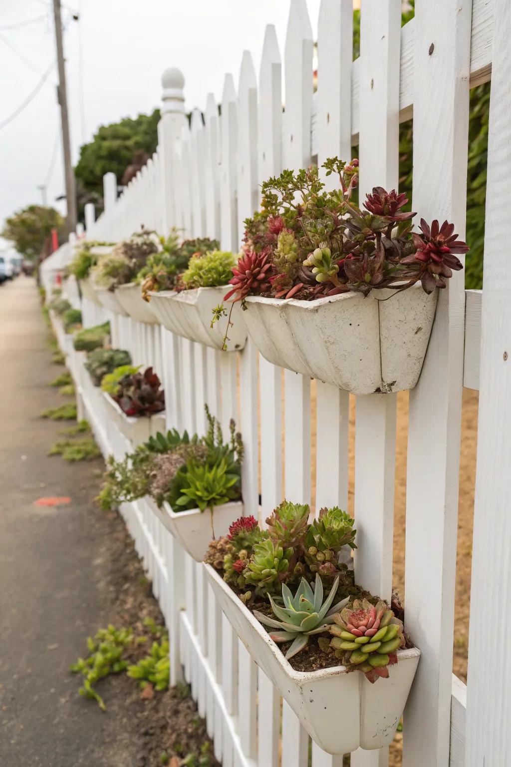 A white picket fence with succulent planters for a green touch.