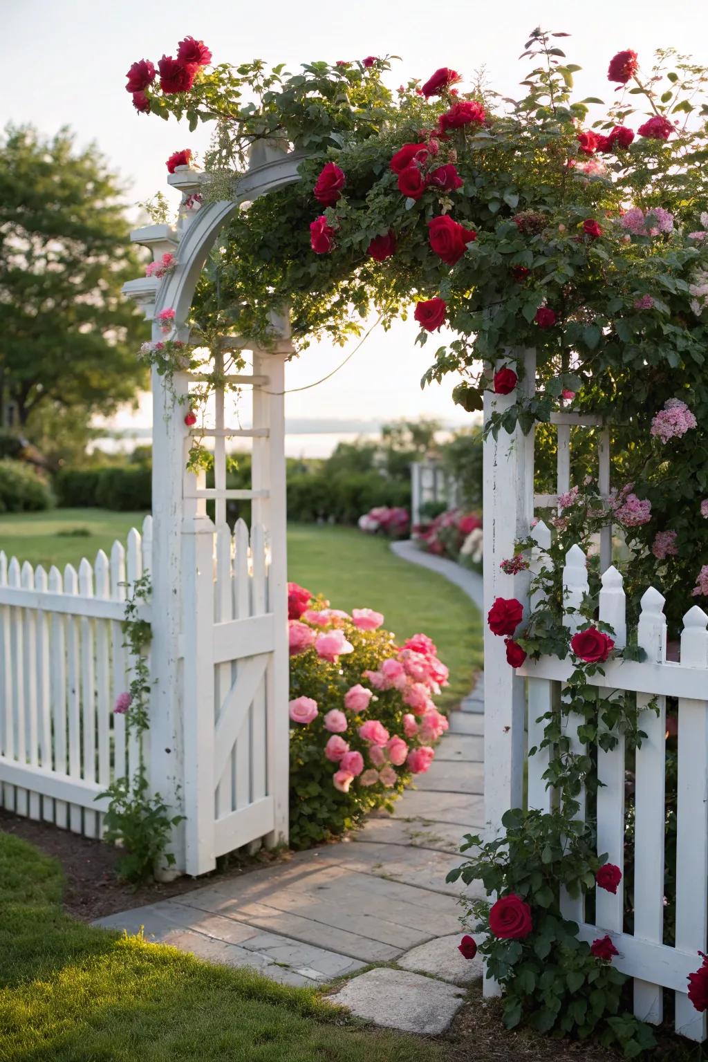 Roses climbing over a classic white picket fence.