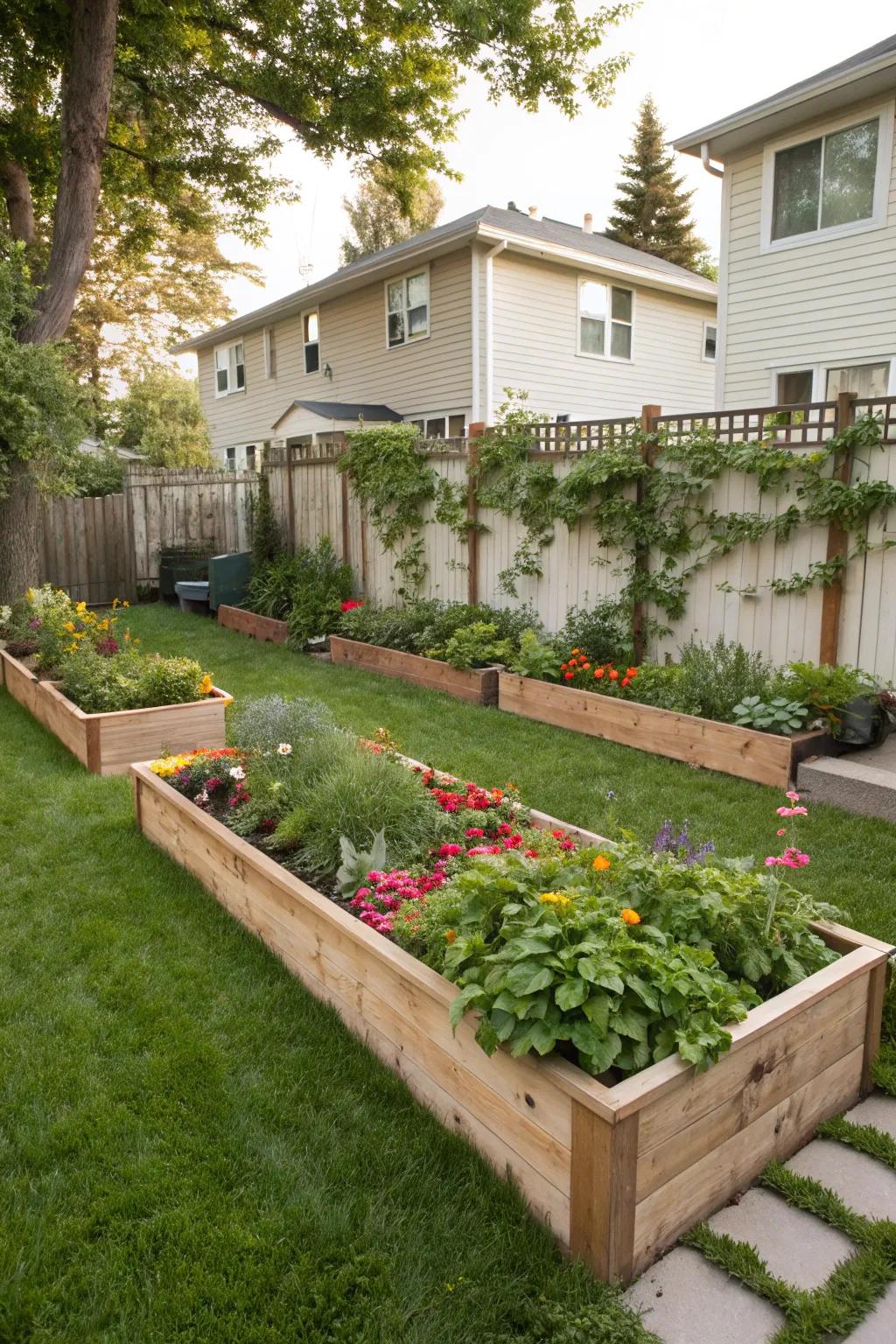 Raised garden beds provide an effective barrier against grass encroachment.