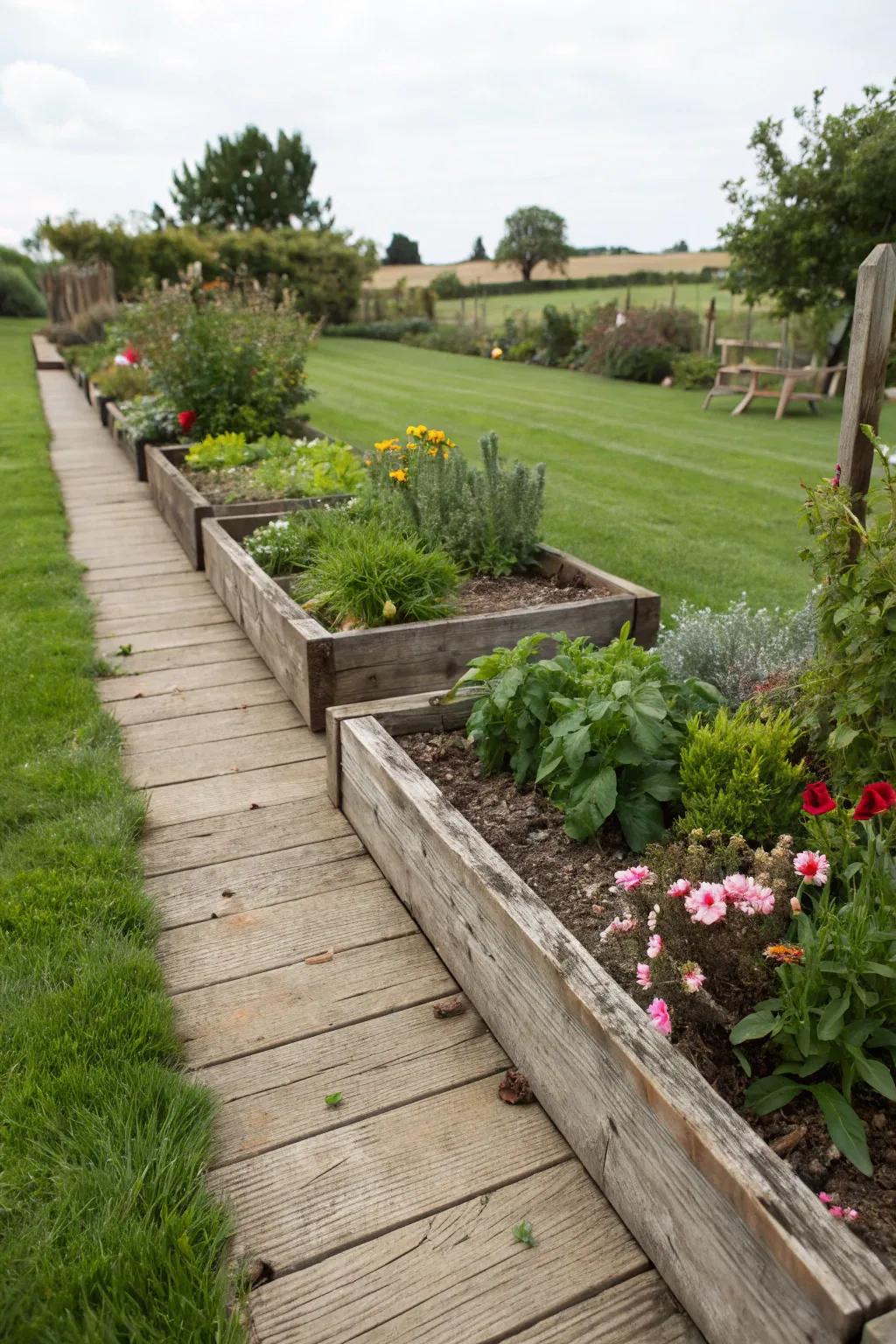 Wooden borders add a rustic touch while keeping grass at bay.