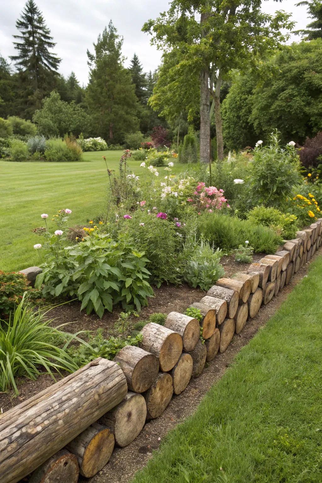 Log edging adds a natural and rustic boundary to gardens.
