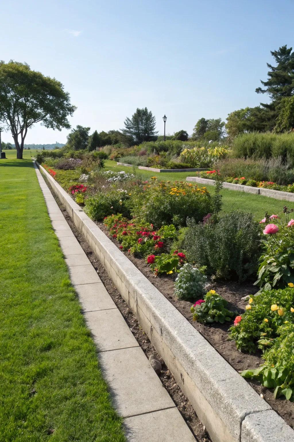 Concrete curbs provide a permanent and modern grass barrier.