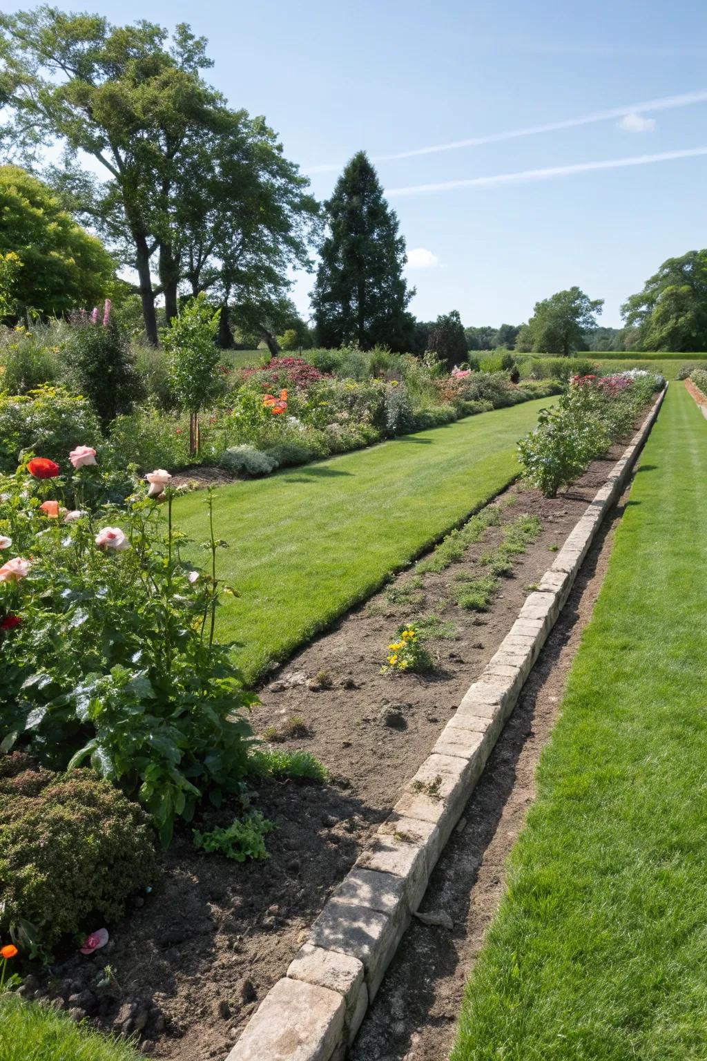 Trench edging provides a simple yet effective grass barrier.