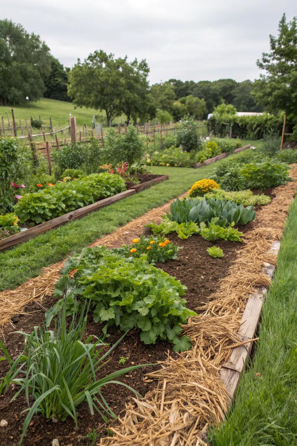 Deep mulching keeps grass out and nourishes garden soil.