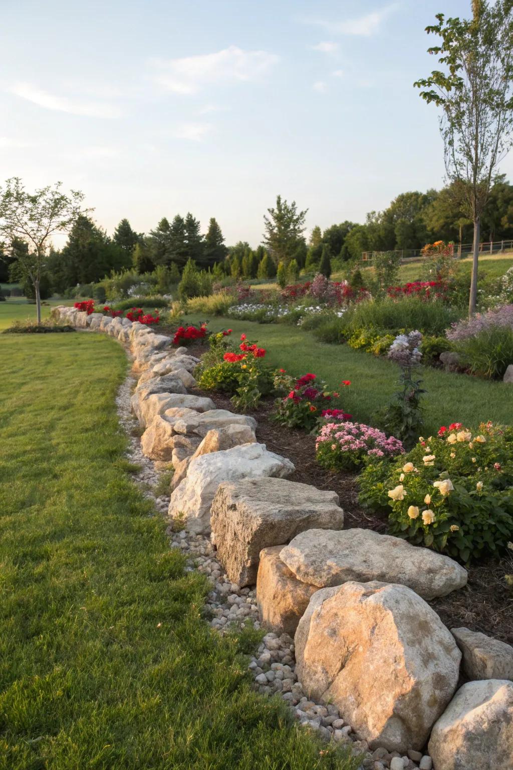 Natural rocks provide an organic boundary against grass.