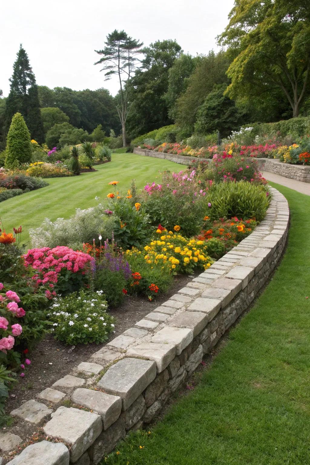 Stone edging creates a sturdy and attractive border for gardens.