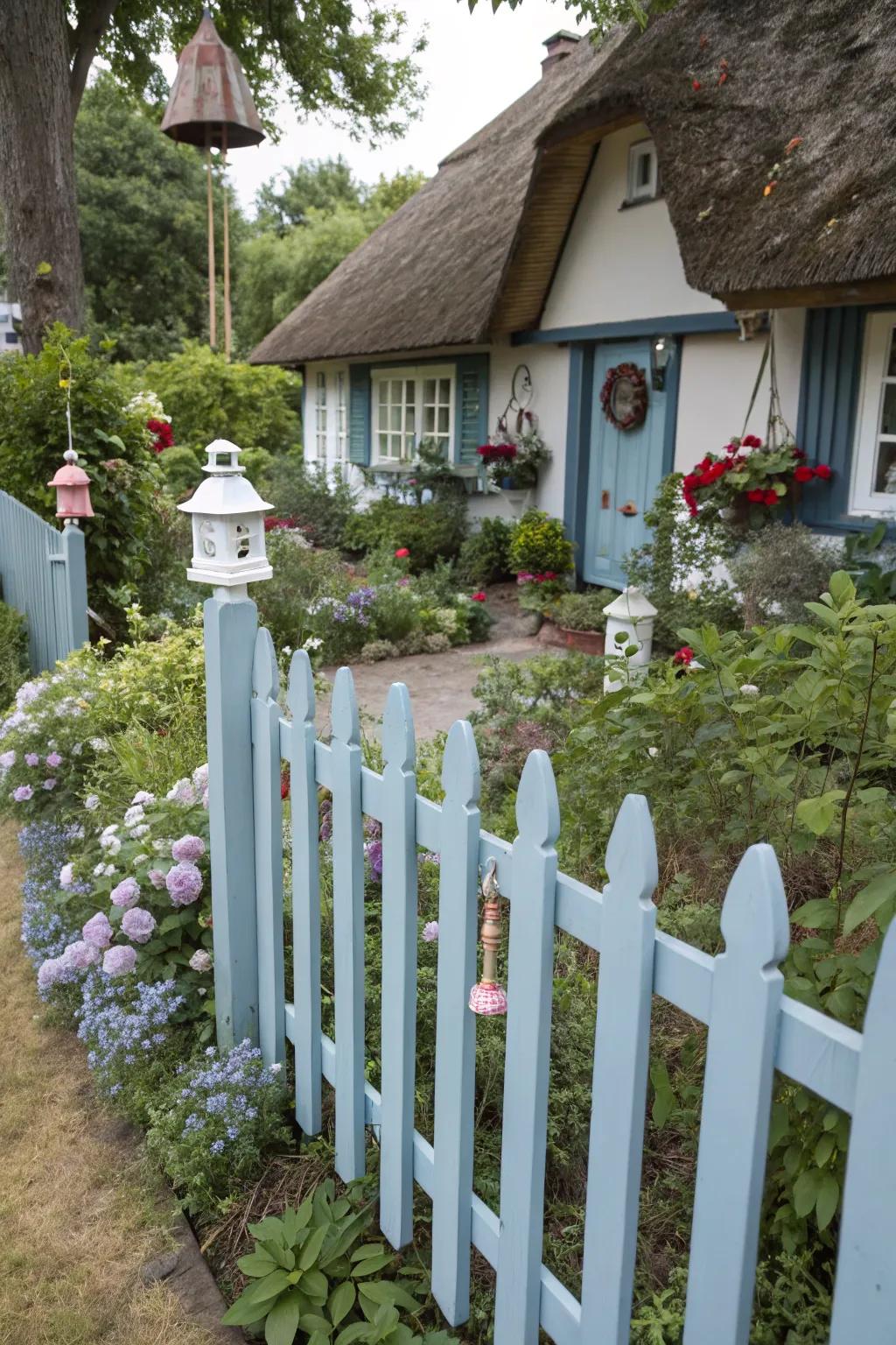 Embrace cottage charm with blue fence hues.