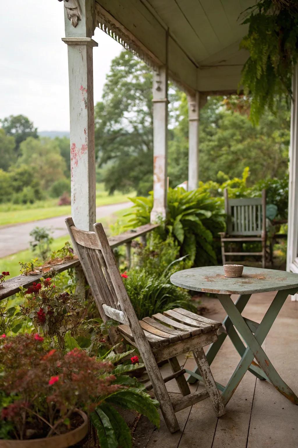 Weathered furniture brings rustic elegance and history.