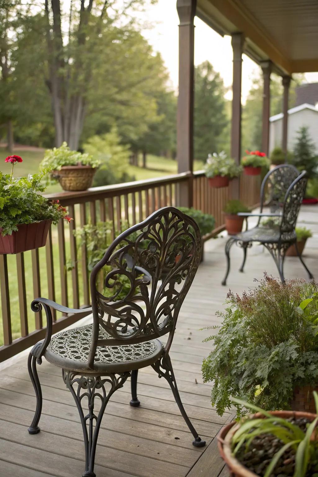 Wrought iron chairs add elegance and character.