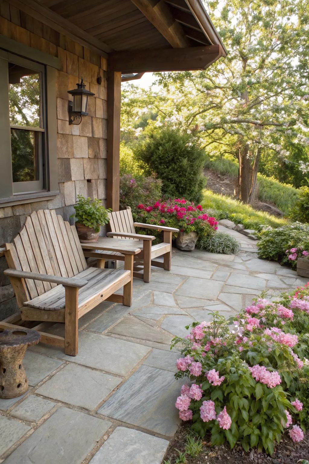 A rustic wooden porch set against a stone patio, inviting nature in.