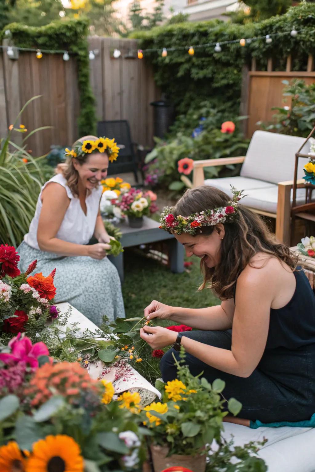 A flower crown workshop adds a bohemian flair to the celebration, perfect for the free-spirited bride.